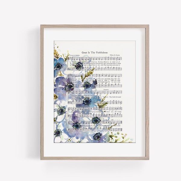 Watercolor Hymn Art Print “Great is Thy Faithfulness” with Blue Florals