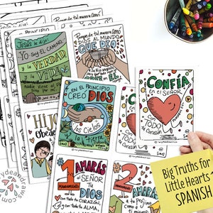 DRUCKBARE DOWNLOAD Spanischer Bibelvers ""Big Truths for Little Hearts" Set 1 für kleine Kinder // 8 Karten + 8 Bibel Malseiten."