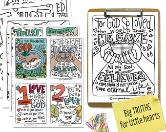 May include: A set of printable coloring pages with bible verses for kids. The pages feature colorful illustrations and text such as "For God so loved the world that he gave his only son" and "Love the Lord your God with all your heart".