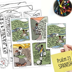 Tarjetas de memoria de versículos bíblicos en español del Salmo 23 dibujadas a mano para imprimir (color + blanco y negro) con páginas para colorear // DESCARGA DIGITAL