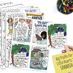 Printable Hand-drawn Big TRUTHS for Little Hearts #2 Spanish Bible Verse Cards (color and b/w) with Coloring Pages
