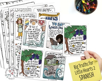 Printable Hand-drawn Big TRUTHS for Little Hearts #2 Spanish Bible Verse Cards (color and b/w) with Coloring Pages