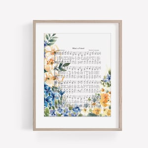 Aquarel hymne kunstdruk "What a Friend We Have in Jesus" met blauwe en gele bloemen