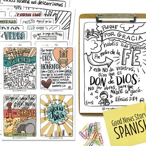 SPANISH Good News Story Bible Verse Cards + Coloring Pages | versículos de la Biblia en español | 24 Cards + Coloring Pages