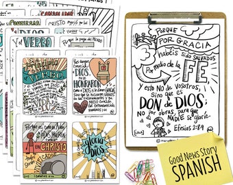 SPANISH Good News Story Bible Verse Cards + Coloring Pages | versículos de la Biblia en español | 24 Cards + Coloring Pages