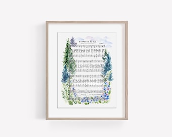 May include: A watercolor painting of a hymn sheet with the words "It Is Well with My Soul" surrounded by blue and green floral accents.