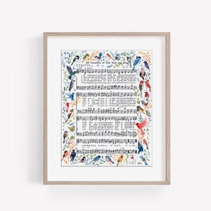 May include: A watercolor print of a hymn sheet with the words "All Creatures of Our God and King" surrounded by colorful birds. The sheet music is for the hymn and the birds are arranged around the edges of the sheet.