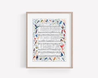 May include: A watercolor print of a hymn sheet with the words "All Creatures of Our God and King" surrounded by colorful birds. The sheet music is for the hymn and the birds are arranged around the edges of the sheet.