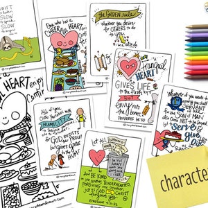 May include: Colorful printable cards with illustrations and text about character traits, such as a cheerful heart, a tranquil heart, and humility. The cards feature hand-drawn illustrations and inspirational quotes.