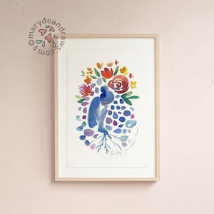 May include: A watercolor painting of a person sitting with roots growing from their body, surrounded by colorful flowers and leaves. The painting is framed in a light wood frame.
