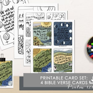 Cartões de versículos bíblicos para memória de escrituras do Salmo 121 desenhados à mão para impressão (cor + preto e branco) com páginas para colorir // DOWNLOAD digital