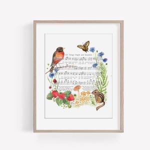 May include: A watercolor illustration of a robin, a butterfly, a chipmunk, and a variety of flowers and plants. The illustration is set against a background of sheet music with the lyrics "All things bright and beautiful".