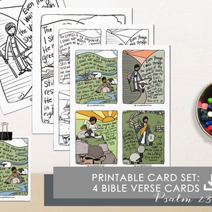 Tarjetas de versículos bíblicos para memorizar de las Escrituras del SALMO 23 dibujadas a mano imprimibles (color + blanco y negro) con páginas para colorear // DESCARGA DIGITAL