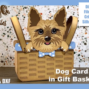 SVG-bestand - Super Cute Yorkie Dog Card Easter Basket - Digitale download voor Cricut en Silhouette machines: verjaardag, gunsten, geschenken