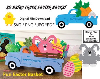 Può includere: Un camioncino retrò blu con una scritta bianca "Buona Pasqua" sul lato. Il camioncino è pieno di un coniglietto rosa, carote e uova di Pasqua. Il camioncino è un download di file digitale 3D per Cricut, Silhouette e ScanNCut.