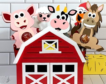 Può includere: Porta lecca-lecca a forma di fienile rosso con una finestra e porte bianche. Il fienile è circondato da cinque sagome di animali: un maiale, una pecora, una mucca, una gallina e un cavallo. Gli animali tengono lecca-lecca. Il testo "SVG * PNG * DFX * JPG" è nella parte inferiore dell'immagine. Il testo "File digitali per Cricut & Silhouette" è nell'angolo in basso a destra dell'immagine.