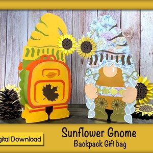 Bolsa de regalo de mochila de gnomo de girasol de otoño - Plantilla SVG para máquinas de corte; Bolsa de dulces, bolsa de galletas, regalos navideños; Regalo de anfitriona de la Sra. Gnome