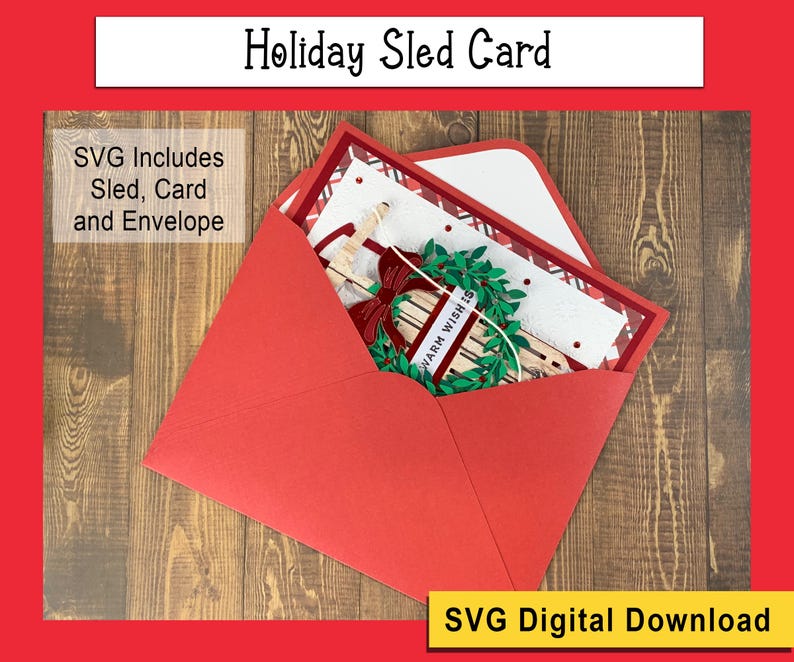 May include: A red envelope with a white card inside. The card features a festive holiday scene with a sled, a wreath, and the text "Warm Wish Is".