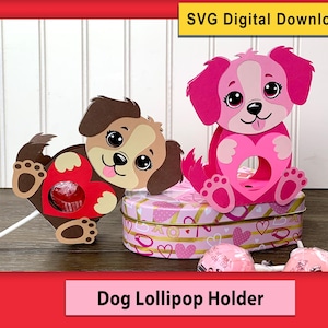 Suporte para pirulito de cachorro SVG para download digital para artesanato em papel e criação de cartões; Amor, presente de dia dos namorados, design de coração; arquivo DIY para máquinas Cricut
