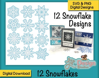 Può includere: Dodici disegni digitali di fiocchi di neve in formato SVG e PNG. I disegni sono mostrati su uno sfondo bianco con un bordo blu. Il testo "12 Snowflake Designs" è in nero su sfondo giallo.