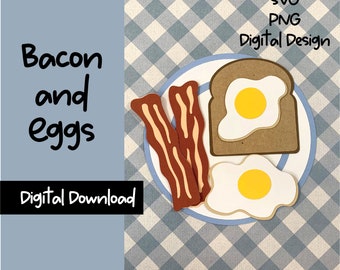 Può includere: Progettazione di download digitale per un piatto da colazione con pancetta, uova e toast. Il design è in formato SVG e PNG.