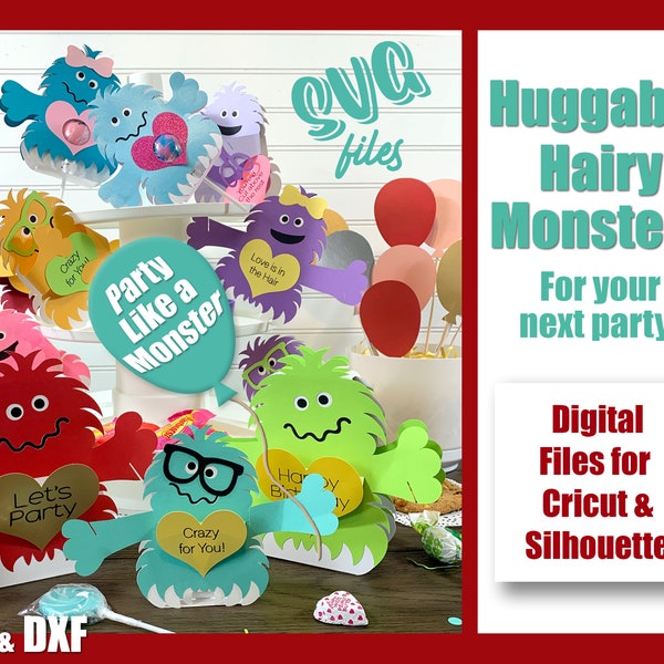 Hairy Monster Huggable SVG Digital files- Standup Cards, Lollipop Holders and Party Favors:  Birthday, Valentines, Gifts and Party Events