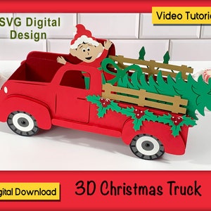 Caminhão de Natal Vermelho 3D - Design SVG - arquivos digitais para Máquina de Corte, Presentes de Natal, Festas e Eventos, Contém Doces, Biscoitos e Presentes