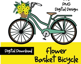 Può includere: Una bicicletta verde con un cestino di vimini pieno di fiori gialli. La bicicletta ha una sella marrone e pneumatici neri. Il testo "Flower Basket Bicycle" è scritto sotto l'immagine.