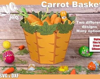 Può includere: Un download digitale di file SVG e DXF per un progetto di artigianato di cestino di carote. Il cestino è fatto di carta arancione e verde ed è a forma di carota. Il cestino è pieno di uova di cioccolato e carote. Il testo "Carrot Basket" è in cima all'immagine. Il testo "Two different designs. Many options" è sul lato destro dell'immagine. Il testo "Digital Files for Cricut & Silhouette" è sul lato destro dell'immagine.
