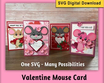 Può includere: Quattro biglietti di San Valentino con disegni di topi. Ogni biglietto presenta un personaggio di topo diverso che tiene cuori e fiori. I biglietti sono rossi, rosa e bianchi, con il testo "Heart Full of Y", "Be Mine" e "I Like You A Lot". L'immagine include anche il testo "SVG Digital Download" e "One SVG - Many Possibilities".