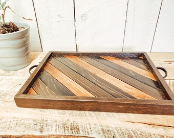 Rustic Wooden Serving Tray | Handmade Farmhouse Tray with Metal Handles | Reclaimed Wood Ottoman Tray | Coffee Table Decor
