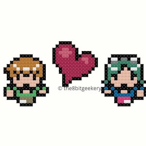 May include: Pixel art illustration of two people, a person with brown hair and a green shirt and a person with green hair and a blue shirt, with a red heart between them.