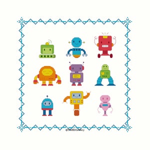 May include: A set of nine pixel art robot illustrations in various colors, including red, blue, green, yellow, orange, and purple. The robots are all different shapes and sizes, and some have antennas, wheels, or arms. The robots are surrounded by a blue and white border.