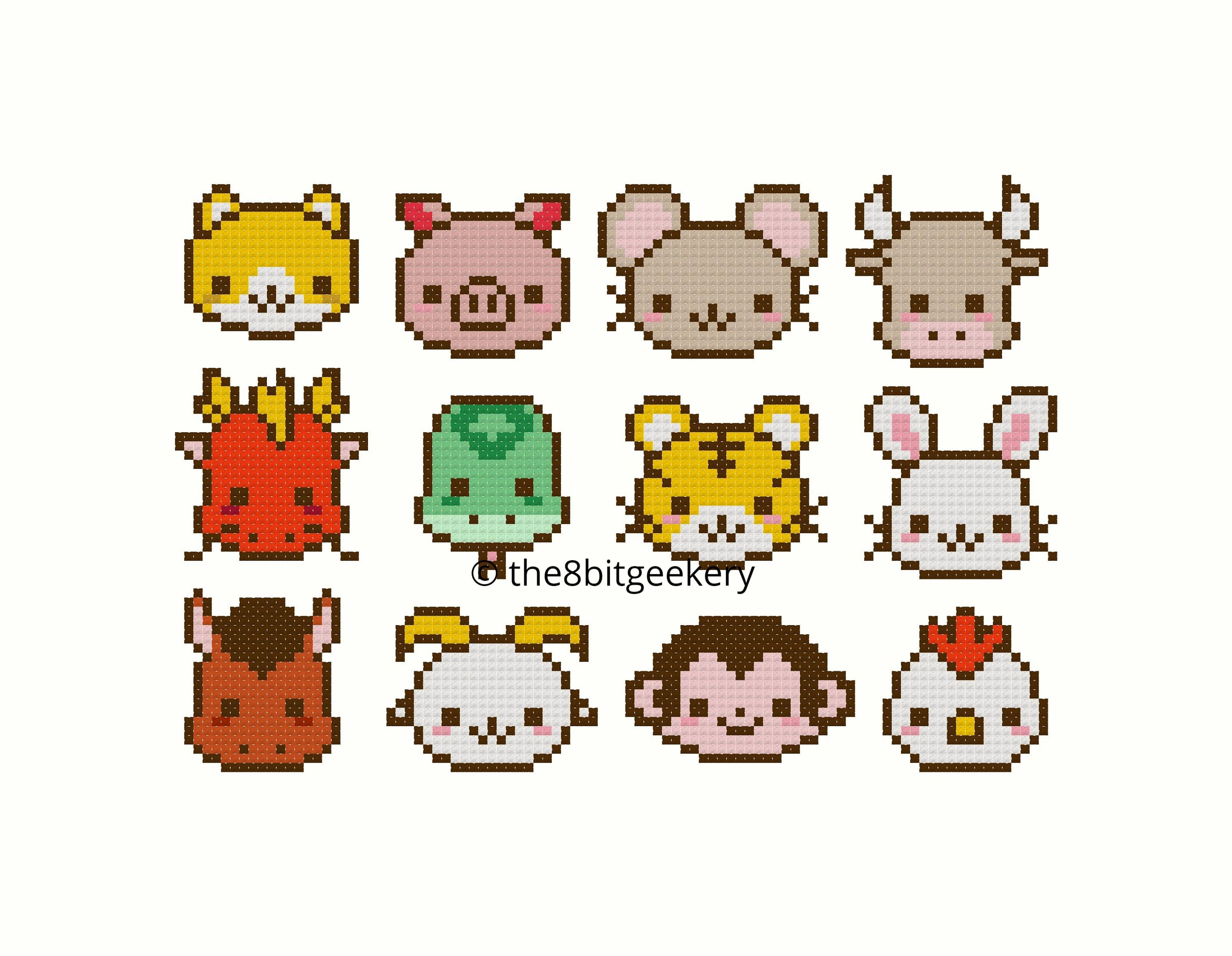 Cute Kawaii Chinese Zodiac Animals Cross Stitch Pattern Etsy