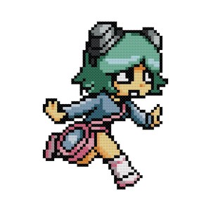 May include: A pixel art illustration of a green-haired character with horns, wearing a blue shirt, pink skirt, and white socks. The character is running and has a surprised expression.