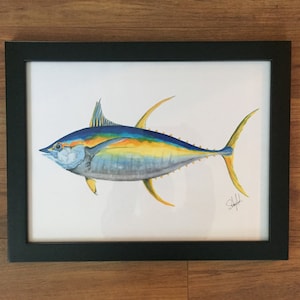 Gelbflossenthun - Aquarell Pinsel Stifte - Fischköder, Vintage lockt, Fisch-Kunst, Wandkunst, Karten, nautische, Tierwelt, Vögel, Marine