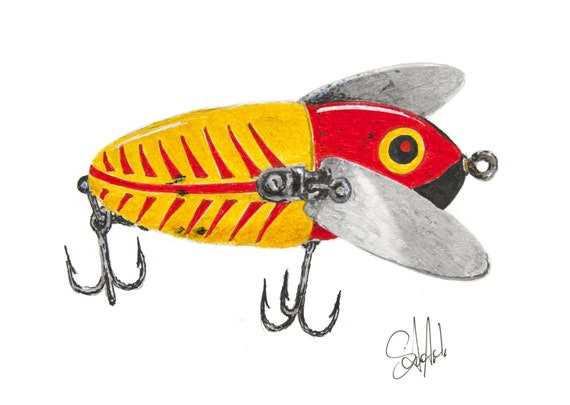 Crazy Crawler Yellow & Red Lure Fishing Lures, Vintage Lures, Fish Art,  Wall Art, Maps, Nautical, Wildlife, Animals, Birds, Marine Life -   Canada