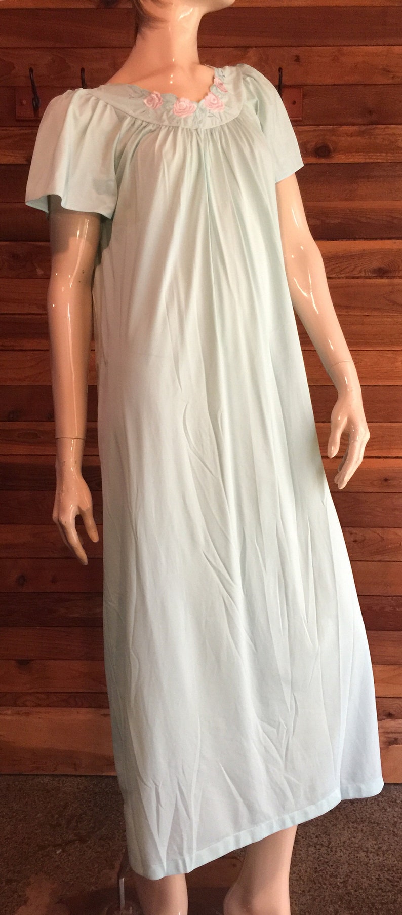 Vintage Lingerie 1980s SHADOWLINE Light Blue Size Small Nylon Nightgown