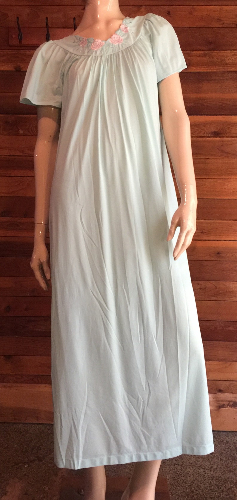 Vintage Lingerie 1980s SHADOWLINE Light Blue Size Small Nylon Nightgown