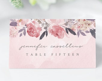Floral TENTED Place Card Template | Meal Choice Icon, Peony Place Card, Rustic Wedding Place Cards, Pink Wedding Escort Cards, #007