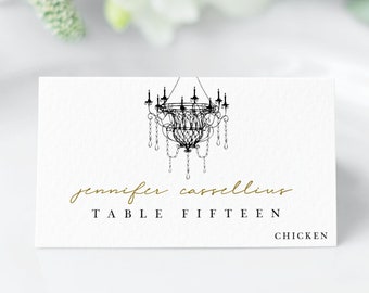 Wedding TENTED Place Cards Template | Meal Choice Icons | Black Chandelier, Gold Wedding Card, Gold Escort Cards | Instant Download, #010