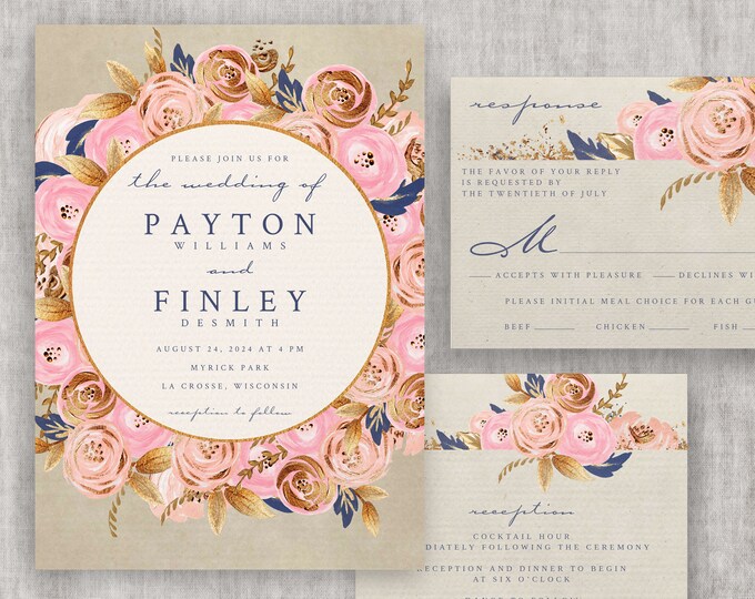 Wedding Invitation Template | Gold Foil | Rustic Wedding | Response Card | Blush Pink Invite | Kraft | Enclosure Card | 008