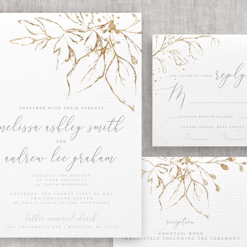 Gold Glitter Leaf Wedding Invitation Set Template Etsy