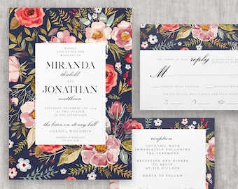 Vintage Floral Wedding Invitation Set Template | Invitation, Response, & Enclosure Card, Navy Floral Invitation, #005