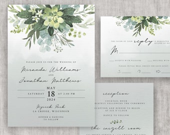 Boho Greenery Wedding Invitation Template, Eucalyptus Leaves, Succulents, Greenery Invite | INSTANT DOWNLOAD | Printable, Editable, #017