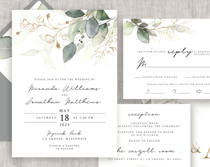 Eucalyptus Wedding Invitation Template | Invitation, Response, Enclosure Card, Envelope Liner | Printable, Editable, ALEXIS COLLECTION #001