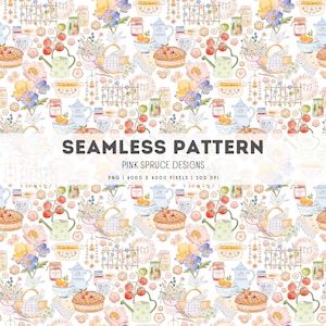 May include: A seamless pattern featuring watercolor illustrations of teacups, teapots, flowers, pies, and jars of preserves. The design includes the text "SEAMLESS PATTERN" and "PINK SPRUCE DESIGNS". The color palette is soft, with pastel hues of blue, pink, yellow, and green.