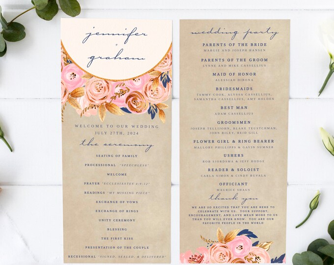 Ceremony Programs Template | Double Sided 4x9 | Blush and Gold Wedding Programs, Digital Download, #008