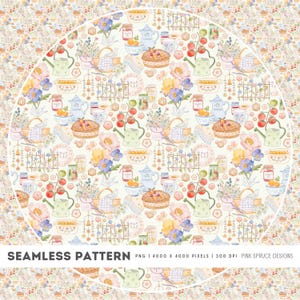 May include: A seamless pattern with a watercolour design. It features teapots, cakes, flowers, and garden-themed illustrations in pastel colours. The text "SEAMLESS PATTERN" is at the bottom. The design is suitable for various applications.