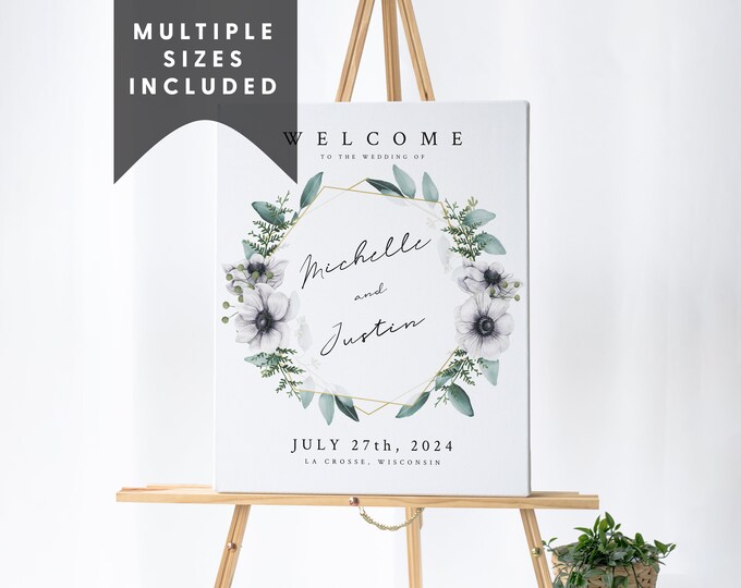 Large Welcome Sign/Large Wedding Sign/Wedding Signs Bundle/Greenery Wedding Decor/Anenome Wedding Flowers/Gold Frame Sign